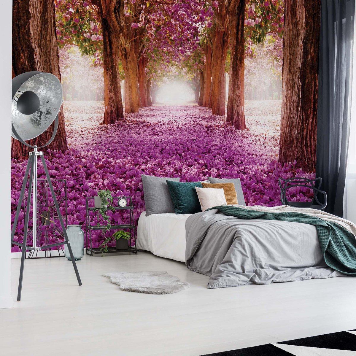Fotobehang - Vlies Behang - 3D Tunnel van Paarse Bloemen en Bomen - 152,5 x 104 cm