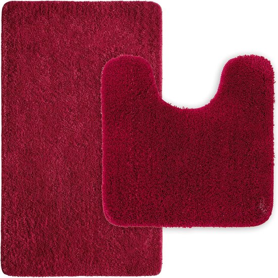 Bastix - Set van 2 badmatten, wasbaar, absorberend, voor badkamer en woonkamer, 40 x 60 cm en 45 x 45 cm met uitsparing, rood