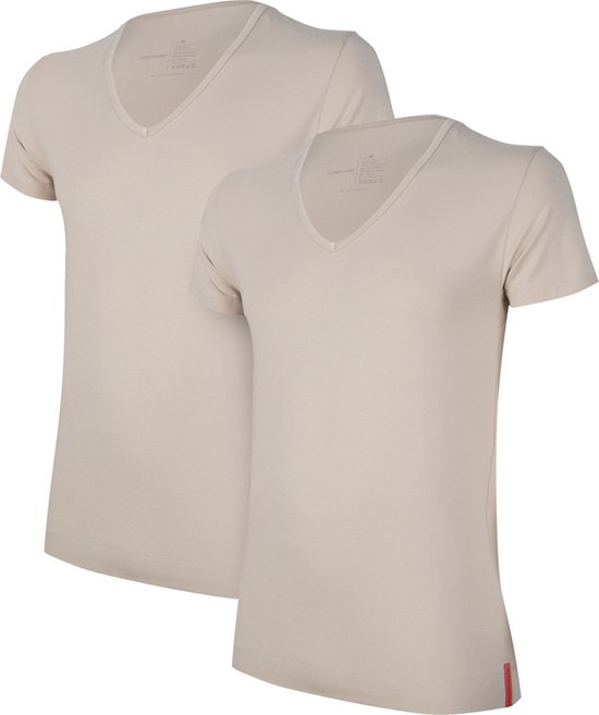 Undiemeister - T-shirt - T-shirt heren - Slim fit - Korte mouwen - Gemaakt van Mellowood - Diepe V-Hals - Desert Sand (khaki) - 2-pack - L