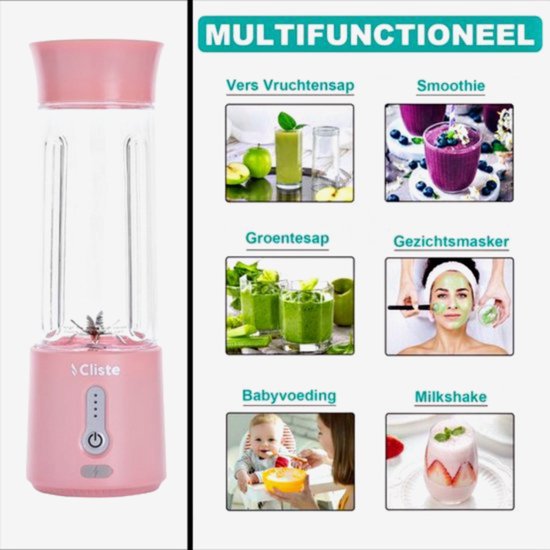 Cliste Draagbare Blender - Blender To Go - Portable Smoothie Blender - USB Oplaadbaar - 500 ml - Roze - Mini Smoothie Maker - USB Oplaadbaar - Fresh Juice Maker - Portable Blender - Roze - Recepten inbegrepen van Cliste — afbeelding 5