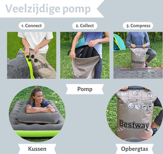 Bestway luchtbed - 1-Persoons - 99 x 188 x 22 cm - Grijs/Groen - Inclusief Hoeslaken - Kussen - Kussenbeschermer - Pomp en Reparatieset van Bestway — afbeelding 5