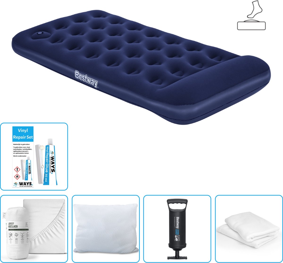 Bestway luchtbed - 1-Persoons - 99 x 188 x 28 cm - Blauw - Inclusief pomp - Hoeslaken - Kussen - Kussenbeschermer - Pomp en Reparatieset