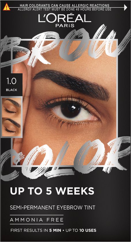 L'Oréal Paris Brow Color verpakking, shade 1.0 Black. Met afbeelding van een vrouwenoog.