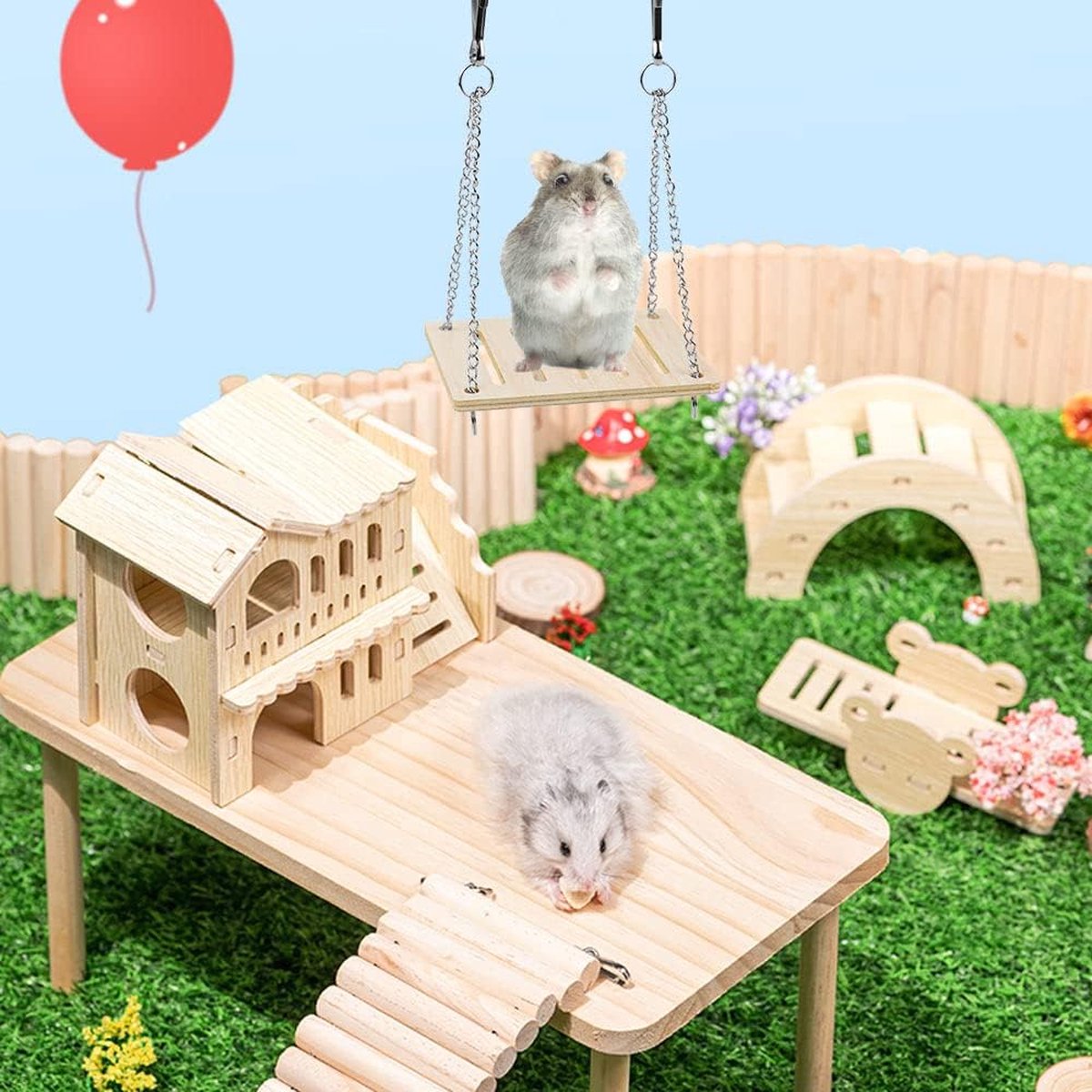 Set van 4 hamsterkauwspeeltjes, houten hamsterspeelgoed, trainingsspeelgoed voor dwerghamsters, caviaspeelgoed inclusief wip, brug, schommelbed