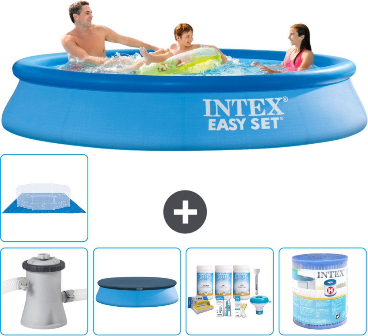 Intex Rond Opblaasbaar Easy Set Zwembad - 305 x 61 cm - Blauw - Inclusief Pomp - Afdekzeil - Onderhoudspakket - Filter - Grondzeil - Stofzuiger - 7-delig