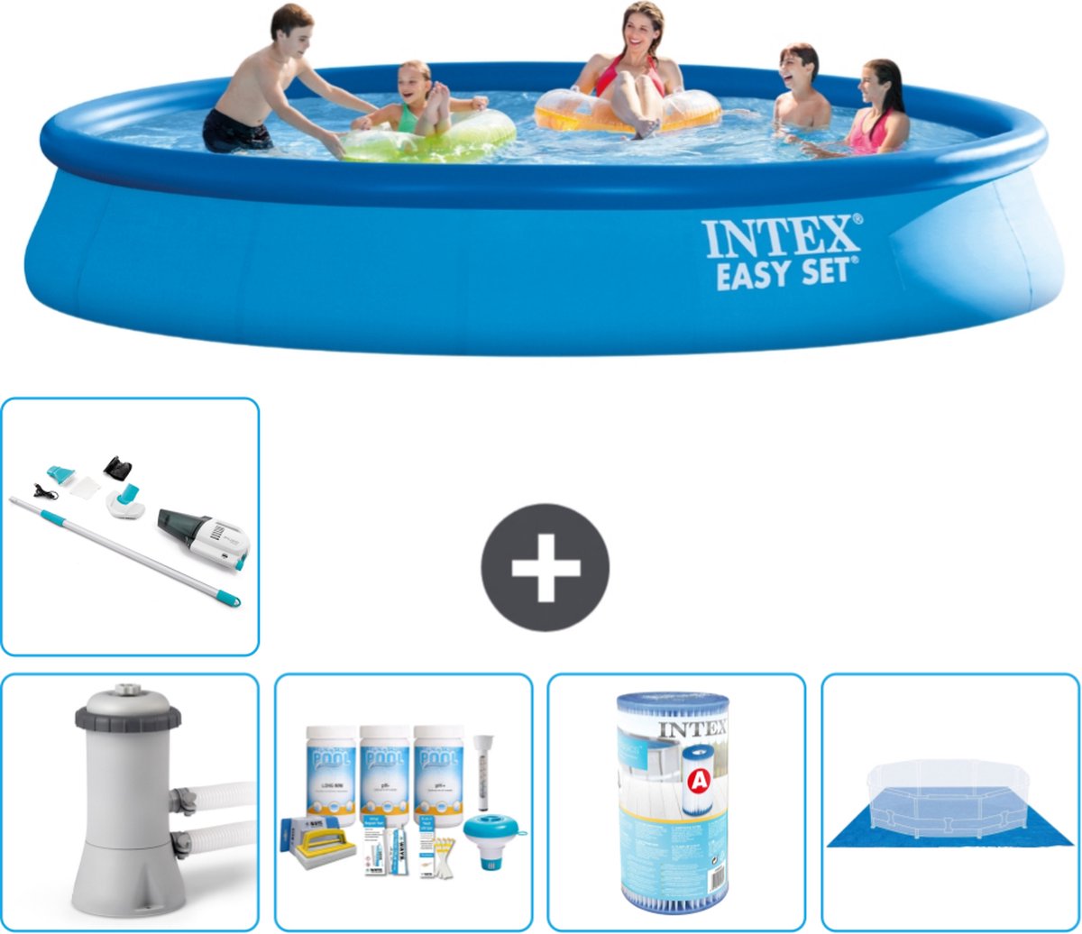 Intex Rond Opblaasbaar Easy Set Zwembad - 457 x 84 cm - Blauw - Inclusief Pomp - Onderhoudspakket - Filter - Grondzeil - Stofzuiger - Solar Mat - 7-delig