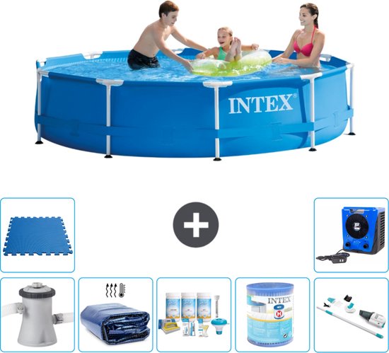 Intex Rond Frame Zwembad - 305 x 76 cm - Blauw - Inclusief Pomp Solarzeil - Onderhoudspakket - Filter - Stofzuiger - Vloertegels - Warmtepomp