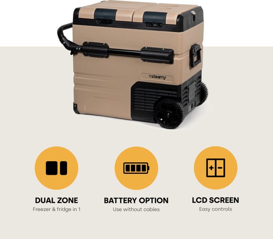 Steamy-E Dual Zone Roller Elektrische Compressor Koelbox Op Wielen - Dual Zone - 54 liter - 12V en 230V - voor auto en camping - Sandstone van Steamy — afbeelding 3