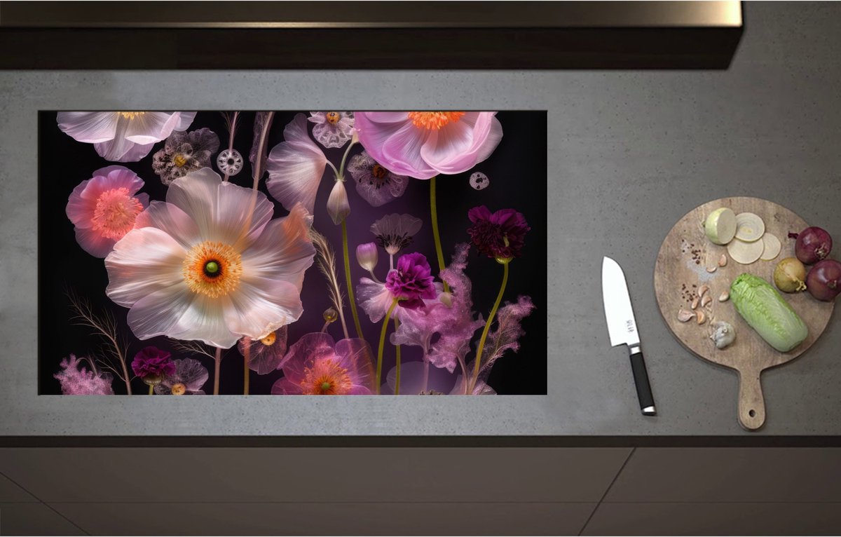 Inductieplaat Beschermer - Boeket van Roze Bloemen op Zwart Oppervlak - 90x51 cm - 2 mm Dik - Inductie Beschermer - Bescherming Inductiekookplaat - Kookplaat Beschermer van Wit Vinyl