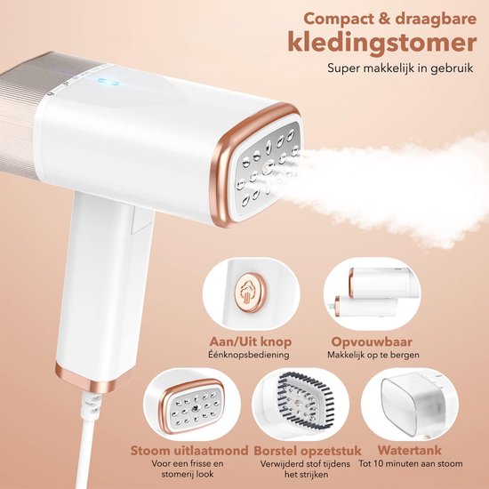 Close-up van een witte Cleanforce kledingstomer met koperen accenten. Toont de aan/uit knop, opvouwbaarheid, stoomuitlaat en waterreservoir.