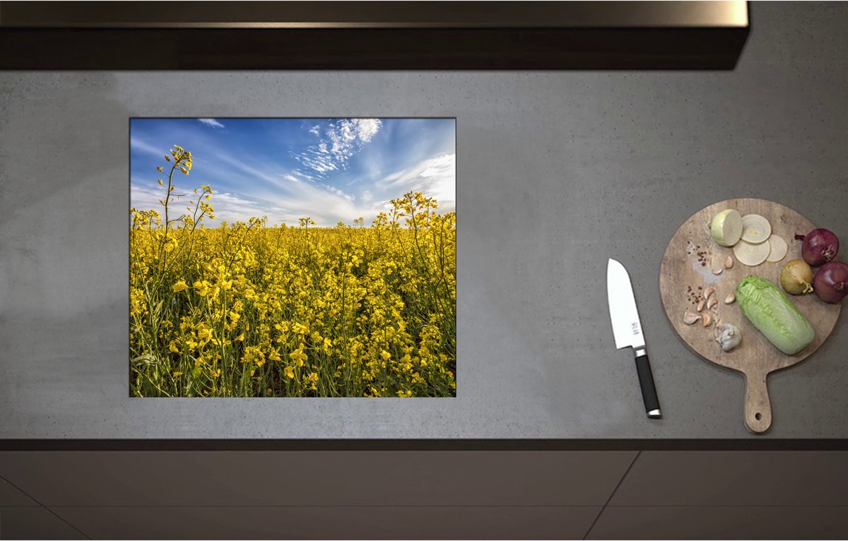 Inductieplaat Beschermer - Bloeiende Gele Bloemen op een Mooie Lentedag - 58x50 cm - 2 mm Dik - Inductie Beschermer - Bescherming Inductiekookplaat - Kookplaat Beschermer van Zwart Vinyl