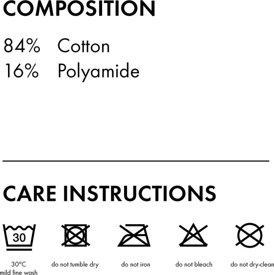 Samenstelling 84% katoen, 16% polyamide. Wasinstructies: 30°C fijne was, niet in de droger, niet strijken, niet bleken, niet chemisch reinigen.