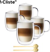 Cliste Dubbelwandige Koffieglazen Met Oor Met Gratis 4x Lepels - Latte Macchiato Glazen - 400ML - Dubbelwandige Theeglazen - 4x - Cappuccino Glazen
