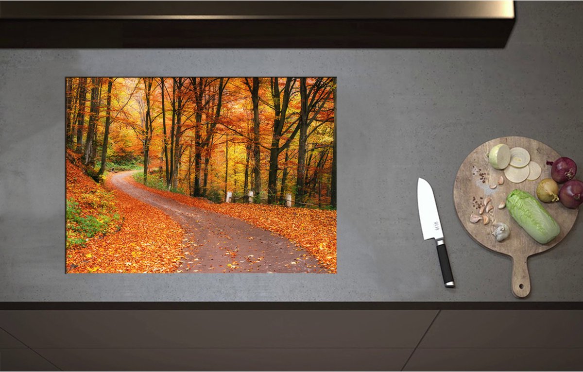 Inductieplaat Beschermer - Bospad door Herfstbos vol met Herfstkleuren - 70x51 cm - 2 mm Dik - Inductie Beschermer - Bescherming Inductiekookplaat - Kookplaat Beschermer van Wit Vinyl