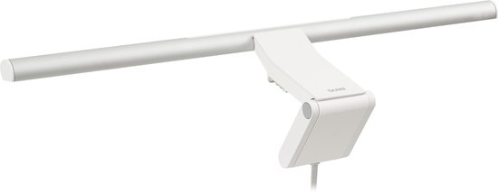 Zilverwitte BenQ Screenbar Pro klemlamp voor monitors, met scharnierende arm en bedieningspaneel.