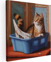 Artaza Canvas Schilderij Kat zit in een Blauwe Container - 30x30 - Klein - Foto Op Canvas - Canvas Print
