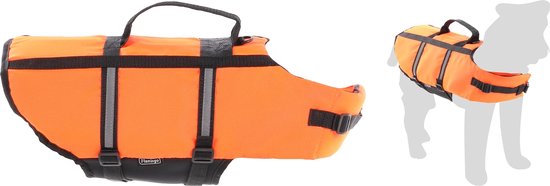 Oranje reddingsvest voor honden, met zwarte banden, reflecterende strepen en draaggreep, naast een silhouet van een hond.