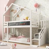 Sweiko Kinderbed Boomhuis met schoorsteen en opberg- en valbeveiliging 90 x 200 cm, stapelbed voor kinderen incl. schoolbord, 2x lattenbod, wit (zonder matras)