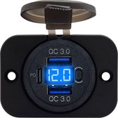 ProRide® 12V USB C Stopcontact 3 Poorten Inbouw met Schakelaar/Voltmeter - QC3.0 - USB Autolader, Boot en Camper - Complete set - Blauw