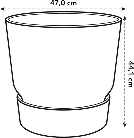 Technische tekening van een bloempot met maten: breedte 47 cm, hoogte 44.1 cm.