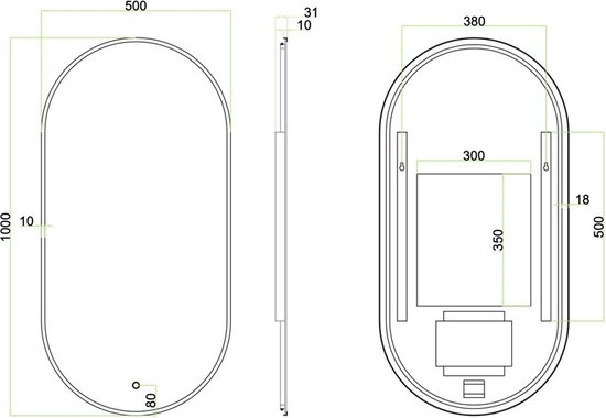 Koonmi Ovale badkamerspiegel, zwart, 43 x 76 cm, ovaal, wandspiegel van gehard glas, zonder vervorming, horizontaal of verticaal hangend, voor slaapkamer, entree, woonkamer