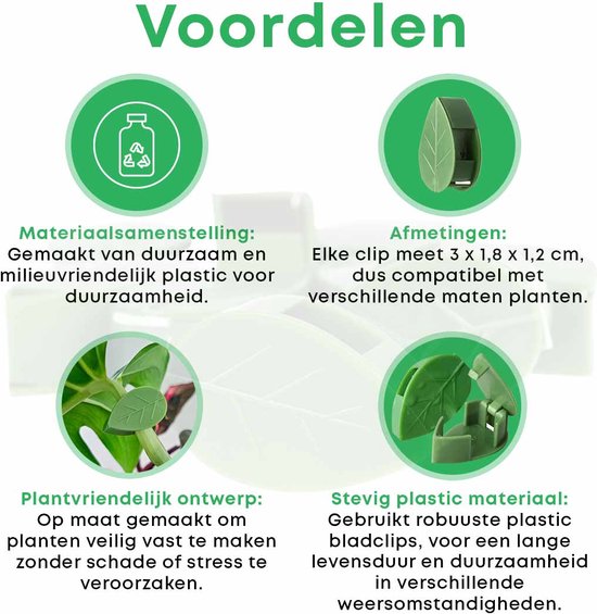 Avantages des clips pour plantes: plastique durable, dimensions, conception respectueuse des plantes et matériau robuste, avec texte néerlandais.