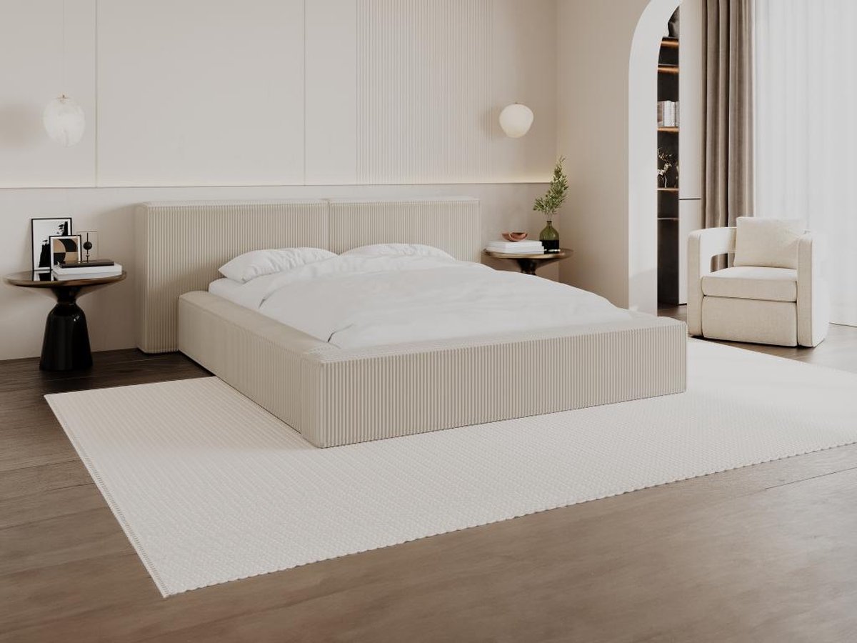 PASCAL MORABITO Bed met opbergruimte 160 x 200 cm - Ribfluweel - Beige + matras - TIMANO L 226 cm x H 90 cm x D 252 cm