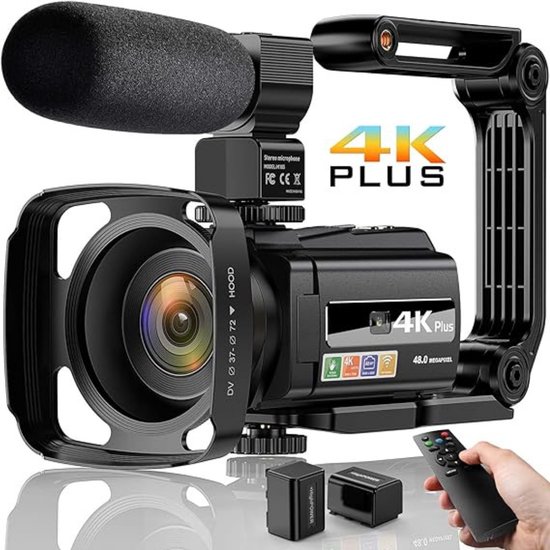 Handycam – Videocamera Ultra HD 48 MP Met Nachtzicht – Vlog Camera Voor Beginners – Filmcamera – Professionele Vlogcamera Met Microfoon, Afstandsbediening & Zonnekap