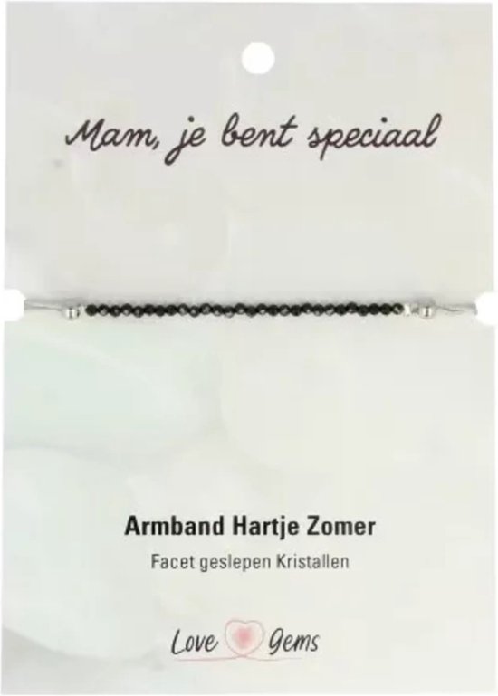 Zwarte facet geslepen kristallen armband 'Armband Hartje Zomer' op kaart met tekst 'Mam, je bent speciaal'.