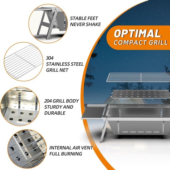 Draagbare barbecue, roestvrijstalen opvouwbare houtskoolgrill, draagbare barbecue, voor outdoor picknick, kamperen, reizen, strand van Merkloos — afbeelding 4
