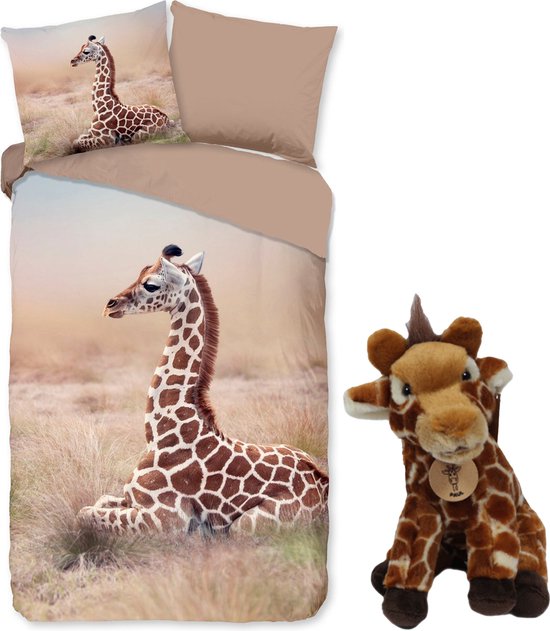 Dekbedovertrek Giraffe SIMA - katoen - 140x200/220 - kussensloop 60x70 - inclusief pluche knuffel 23 cm