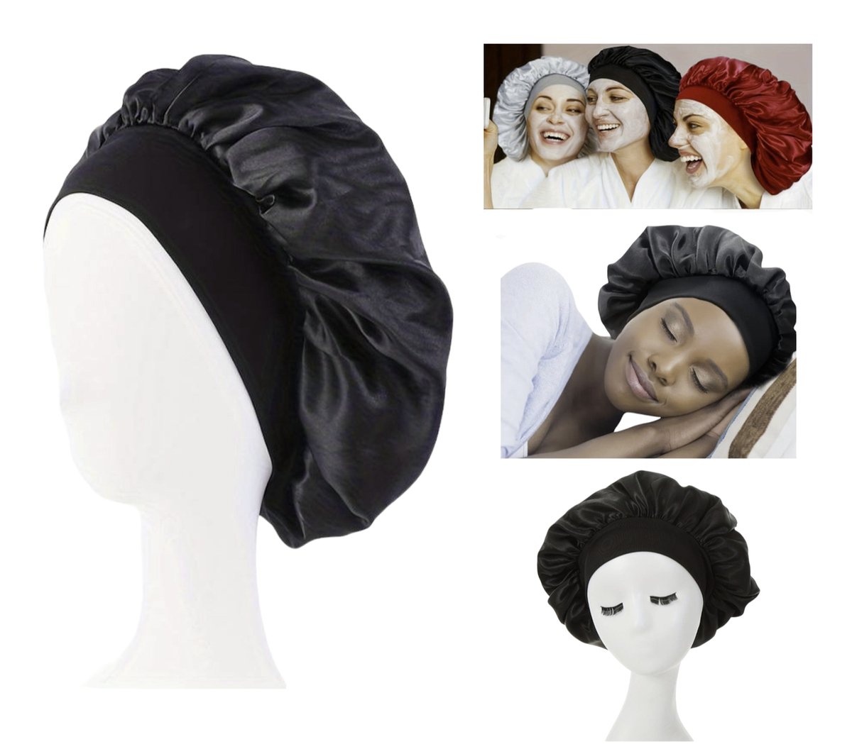Cabantis Bonnet XL - Satijn geweven - Polyester - Slaapmuts Satijn - Unisex - Elastisch - Zwart