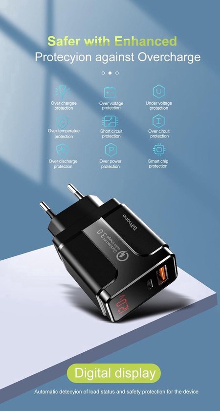 DrPhone OptiCharge LC - HALO5 Charger + LSC1 Lightning to USB C Cable - Type-C Fast Charger & LED-display – Snellader – 1 Meter - Oranje/Wit