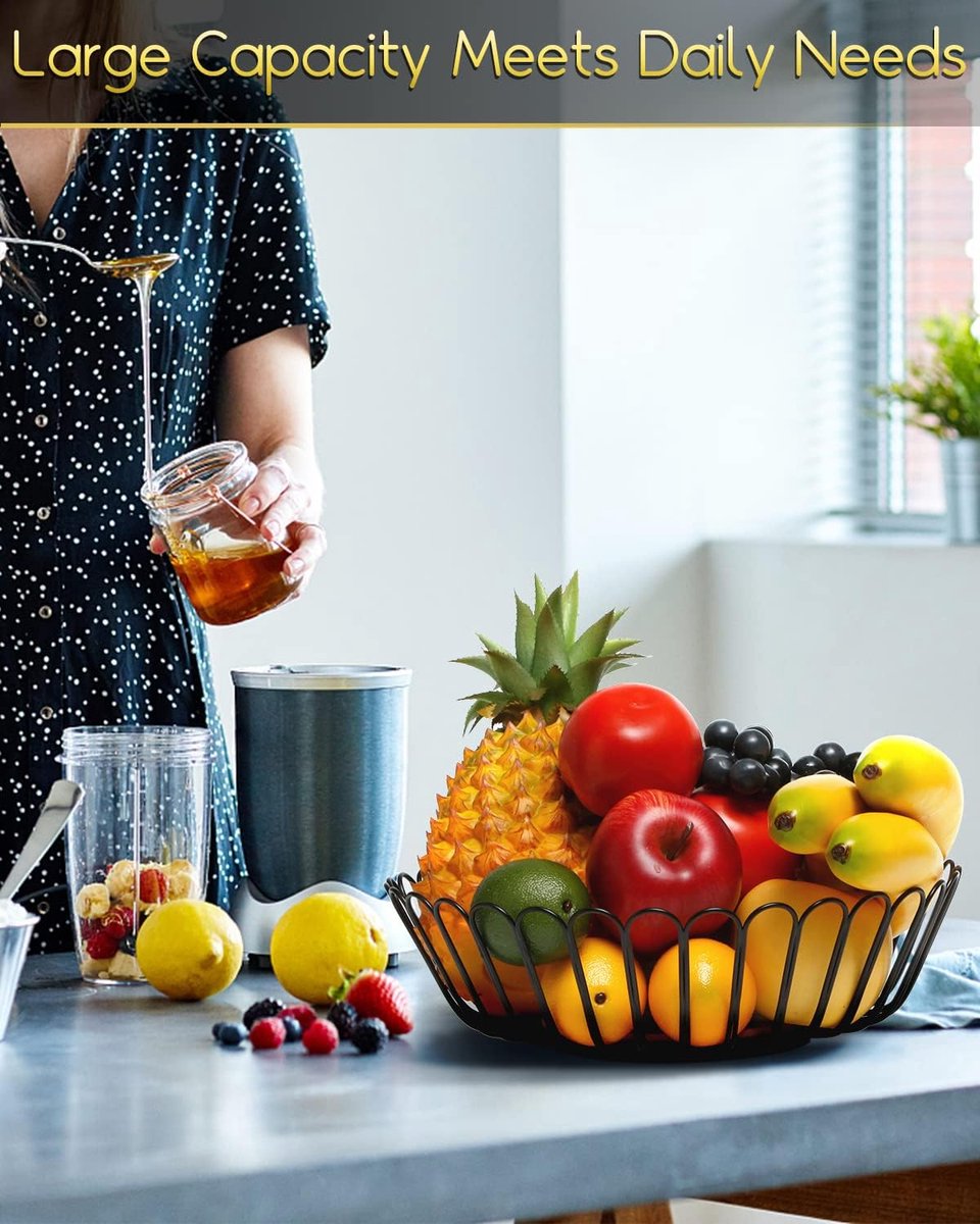 Groot Fruitmand, 30x9cm Zwart Fruitschaal met Houten Voet, Metaal, Modern