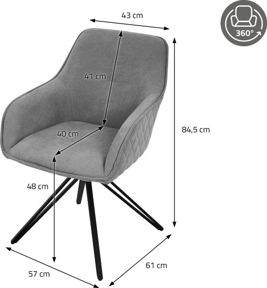 ML-Design eetkamerstoel draaibaar van textiel geweven stof, grijs, woonkamerstoel met armleuning & rugleuning, 360° draaibare stoel, gestoffeerde stoel met metalen poten, keukenstoel loungestoel