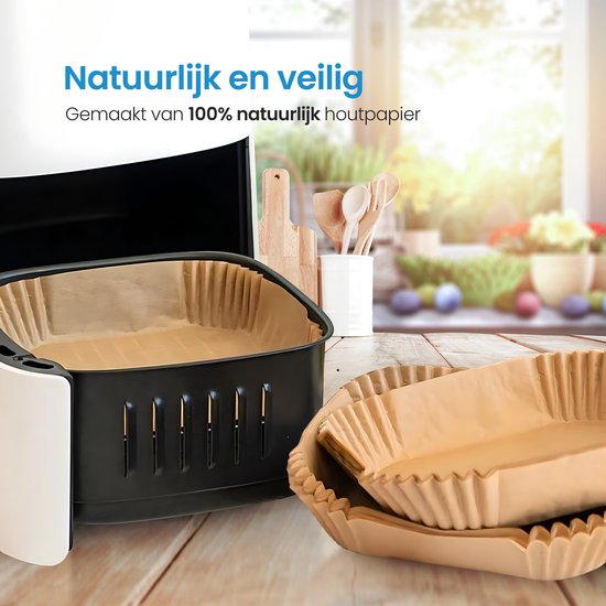Duriant® -Airfryer bakpapier -Airfryer bakjes- Wegwerpbakjes- Vierkant- Airfryer Accesoires- Bakpapier-Inclusief Ebook met 100+ gerechten-100 stuks- Geschikt voor Airfryer XL en XXL- 20 tot 24 cm