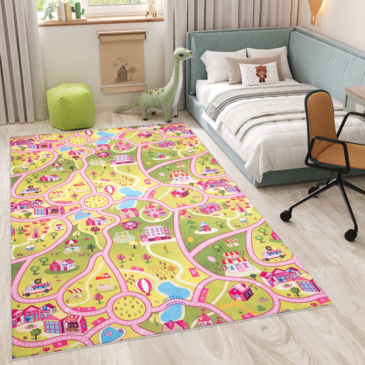 Tapiso Flannel Printed Kindertapijt Antislip Roze Stad Kinderkamer Vloerkleed Maat- 160x230 Groen Roze