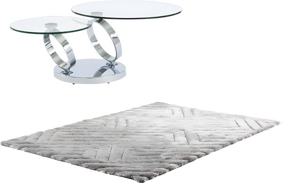 Set salontafel met draaiend transparant blad JOLINE en grijs shaggy tapijt MAZE L 230 cm x H 42 cm x D 160 cm