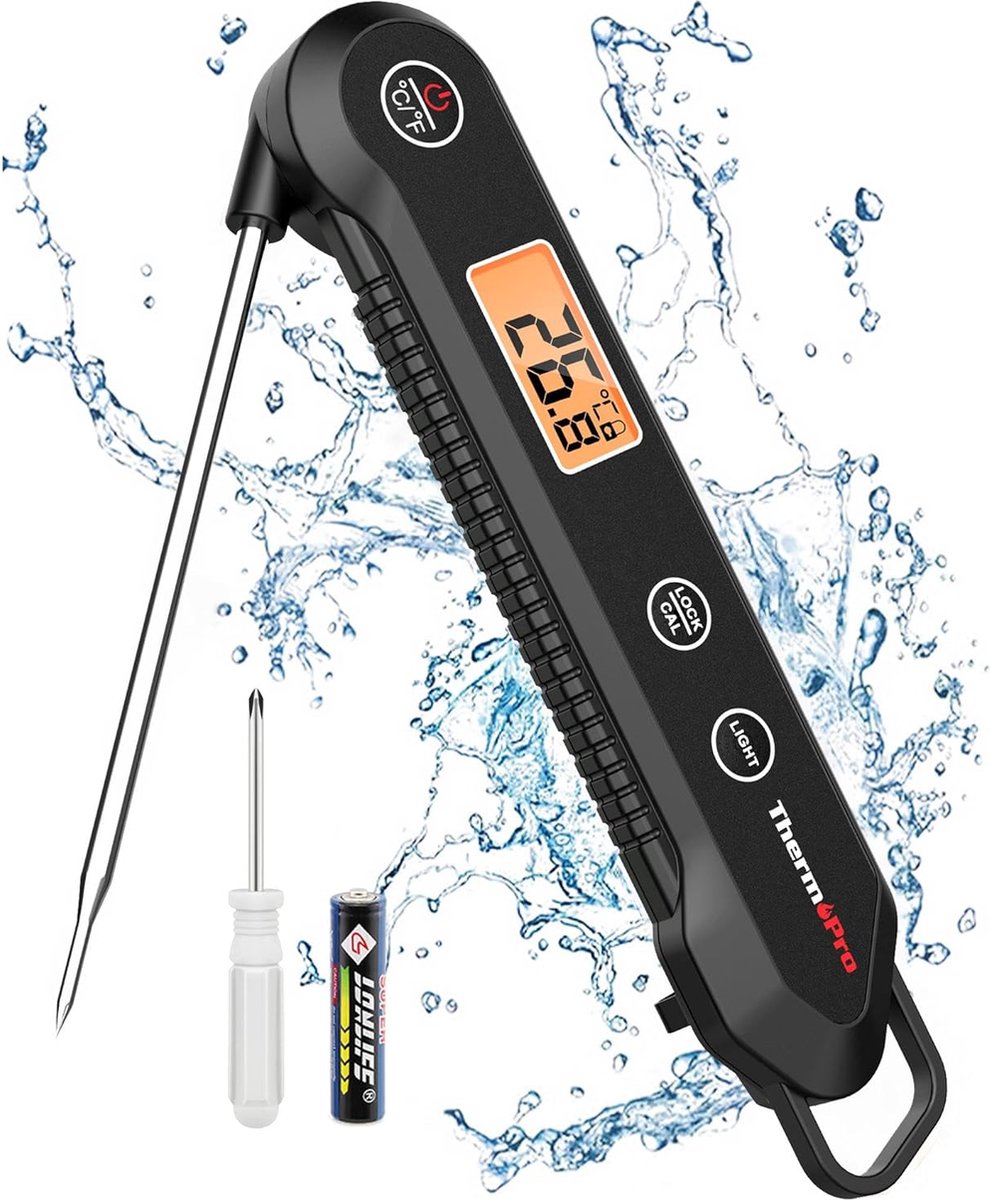 Direct afleesbare vleesthermometer met opvouwbare temperatuursonde IPX6 waterdicht - kalibratie - vergrendeling - kookthermometer - hetelucht frituurpan - barbecue - oven.