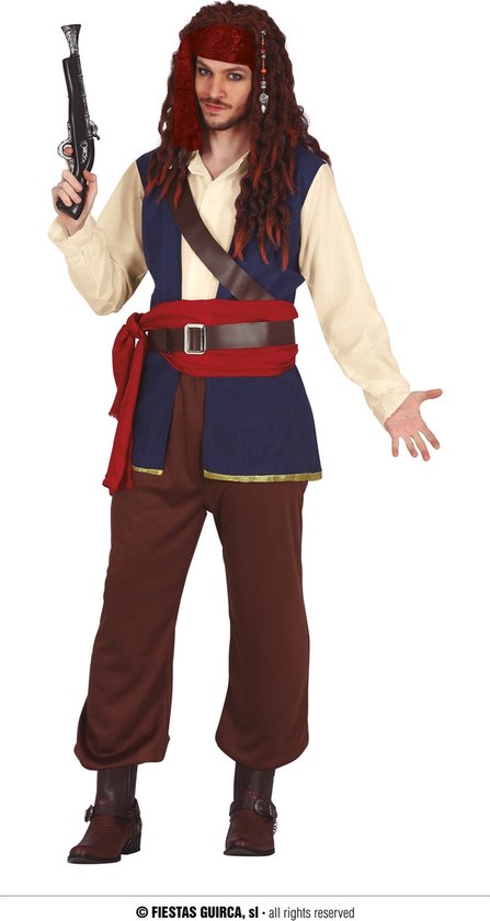 Guirca - Piraat & Viking Kostuum - Paddy De Beruchte Zee Piraat - Man - Blauw, Bruin, Wit / Beige - Maat 48-50 - Carnavalskleding - Verkleedkleding