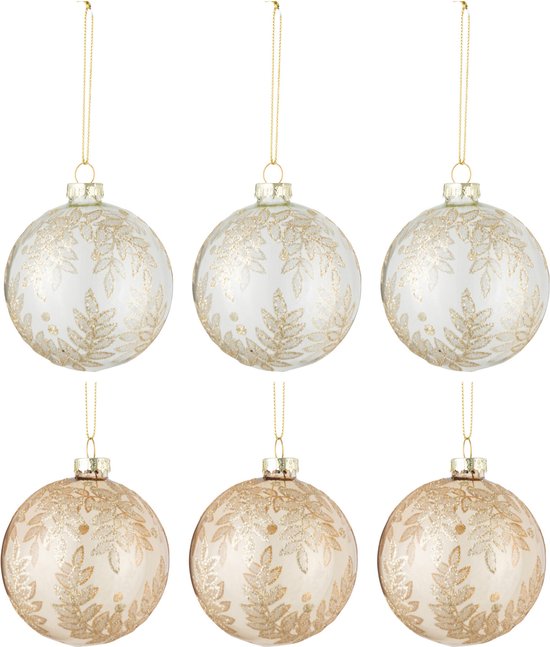 J-Line Doos Van 6 Kerstballen 3+3 Blaadjes Glas Transparant Beige/Goud Small