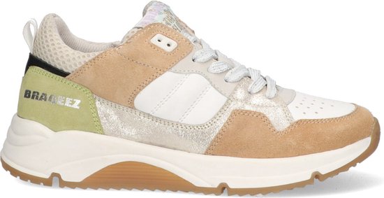 Braqeez 424265-478 Meisjes Lage Sneakers - Beige/Groen/Zilver/Wit - Suède - Veters