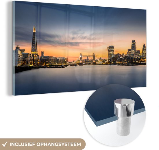 MuchoWow® Glasschilderij 120x60 cm - Schilderij acrylglas - Skyline - Zon- Londen - Foto op glas - Schilderijen