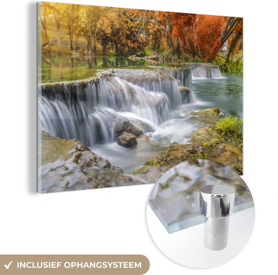 MuchoWow® Glasschilderij 120x80 cm - Schilderij acrylglas - Herfst - Waterval - Natuur - Bomen - Foto op glas - Schilderijen