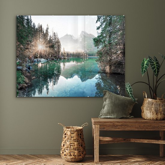 MuchoWow® Peinture sur verre 120x90 cm - Peinture sur verre acrylique - Nature - Arbres - Montagnes - Lac - Photo sur verre - Peintures