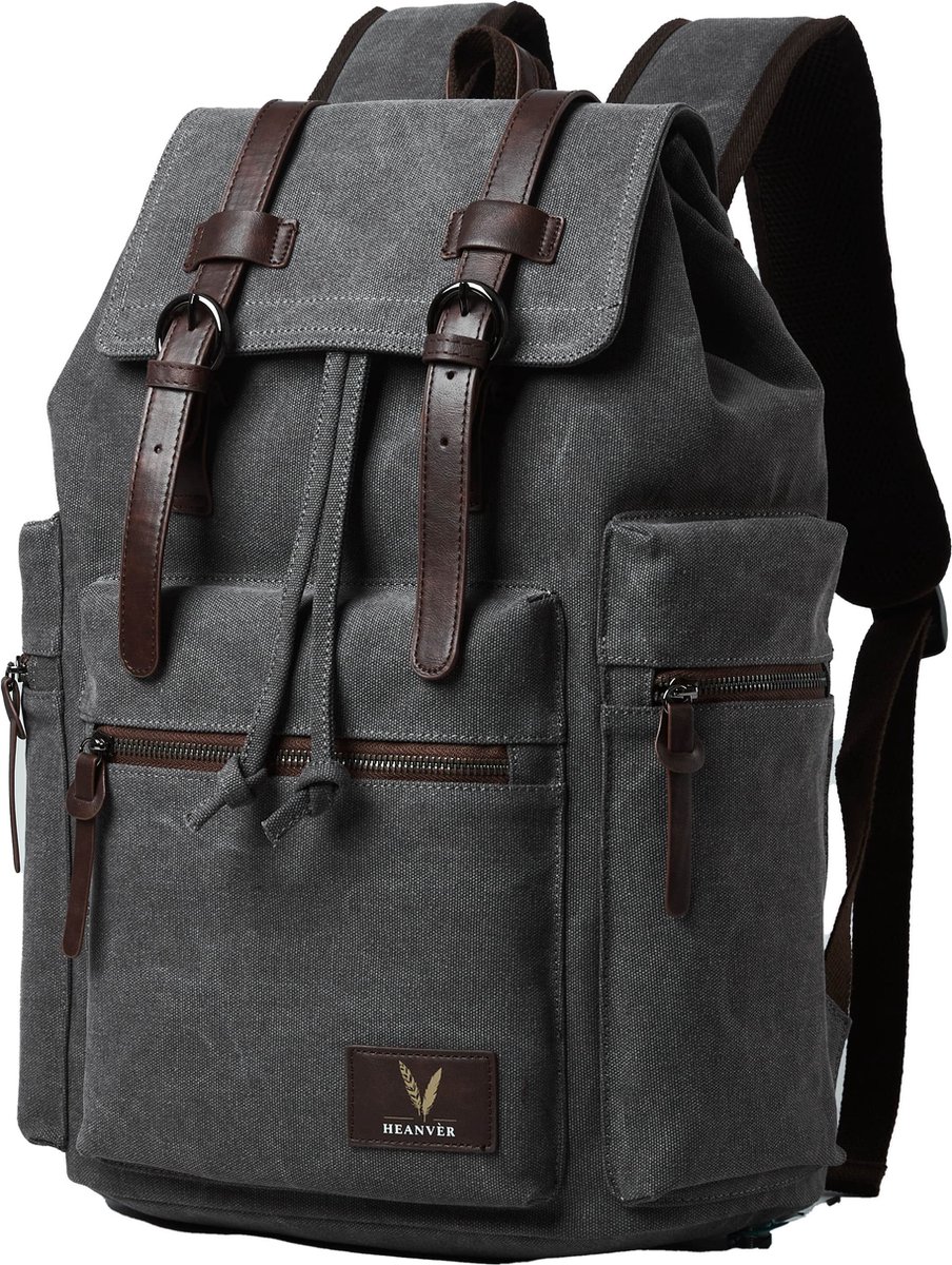 HEANVER Vintage Canvas Rugzak - Waterdichte Rugtas 27L - 15,6 inch laptop tas - Grijs