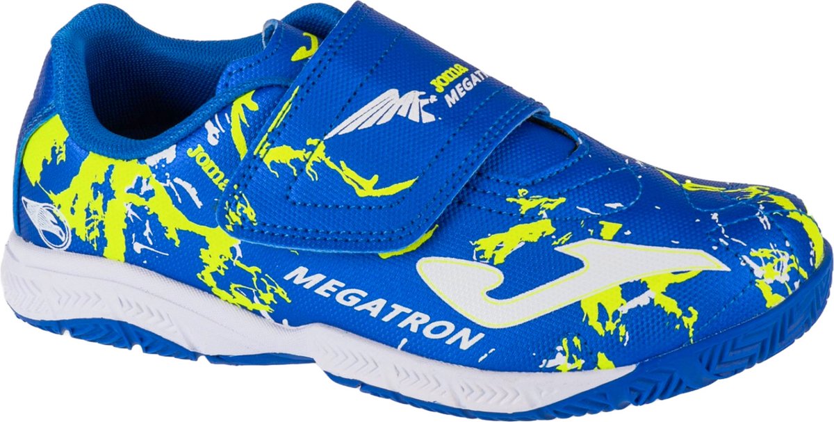 Blauwe Joma Megatron Jr. indoorschoenen voor jongens, maat 24, met synthetisch leder en klittenbandsluiting.