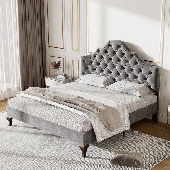 HYUB Gestoffeerd bed 140 x 200 cm met in hoogte verstelbaar hoofdeinde, tweepersoonsbed jeugdbed, eenvoudig design, bed met lattenbodem, bedframe van massief hout en fluweel, zonder matras, grijs