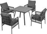 Merax Garten-Essgruppe, Gestell aus verzinktem Eisen, Gartenmöbel-Set (5-teiliges Esstisch-Set, 4 Sessel, 1 Tisch), WPC-Tischplatte, PE-Rattan, grau, mit verstellbaren Füßen, inklusive Sitzkissen