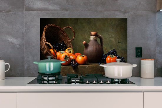 Spatscherm Keuken - Kookplaat Achterwand - Spatwand Fornuis 80x55 Cm Rustiek Fruit Kaas Tafel Stilleven Aluminium Wanddecoratie Muurbeschermer